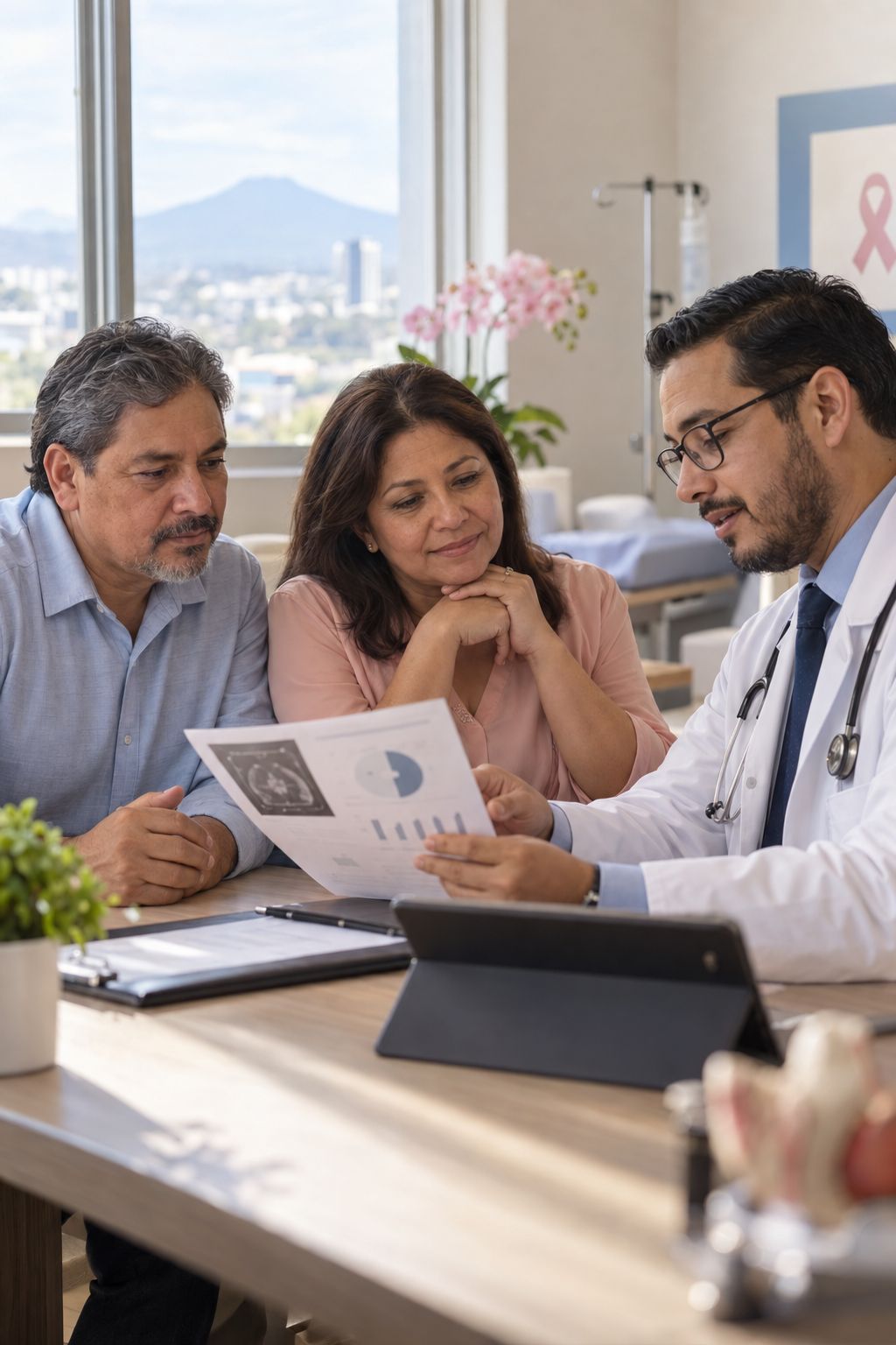 Oncólogo revisando resultados con una pareja de pacientes