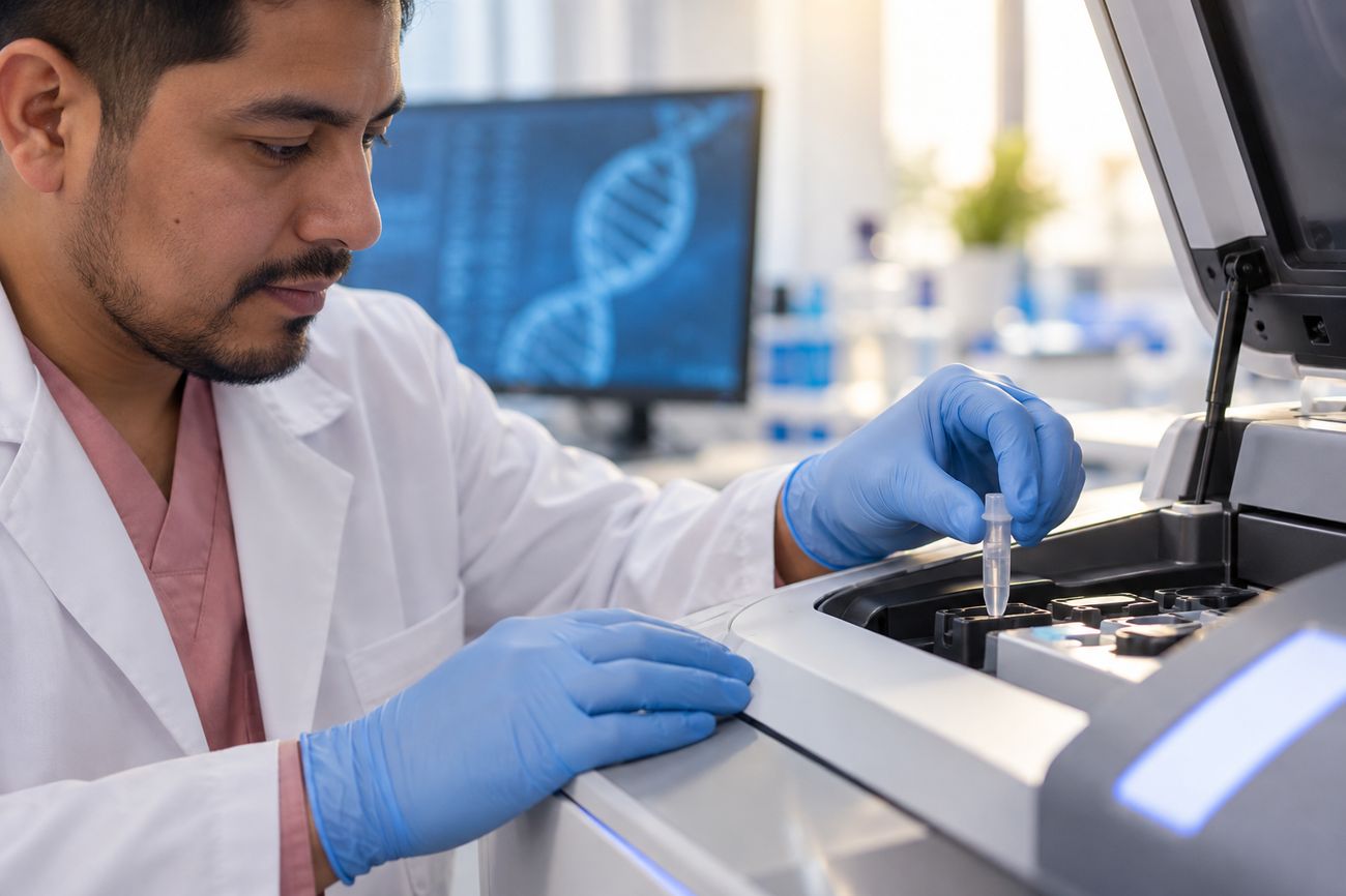 Especialista de laboratorio procesando una muestra genómica
