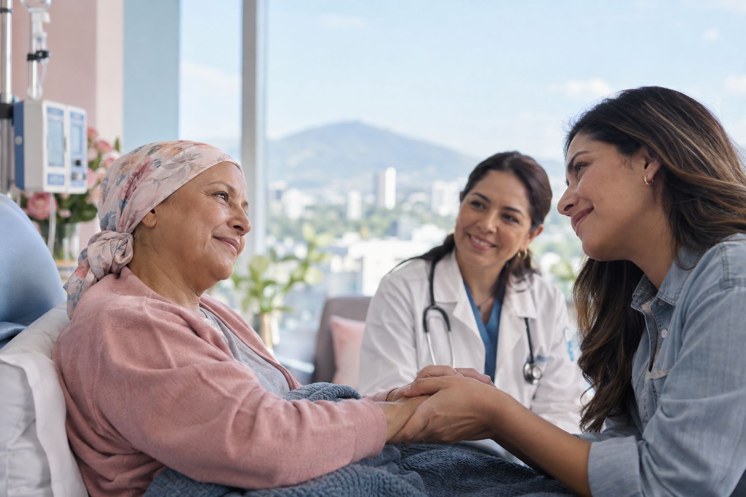 Paciente acompañada por su hija y su doctora en OncoCare