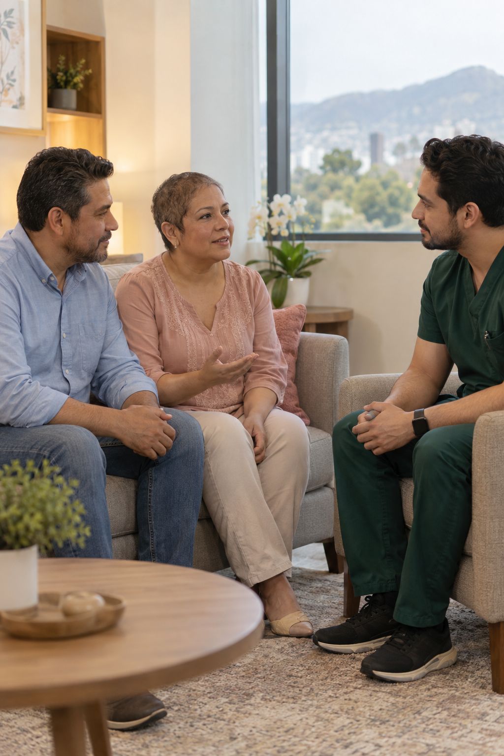 Psico-oncólogo conversando con una paciente y su esposo