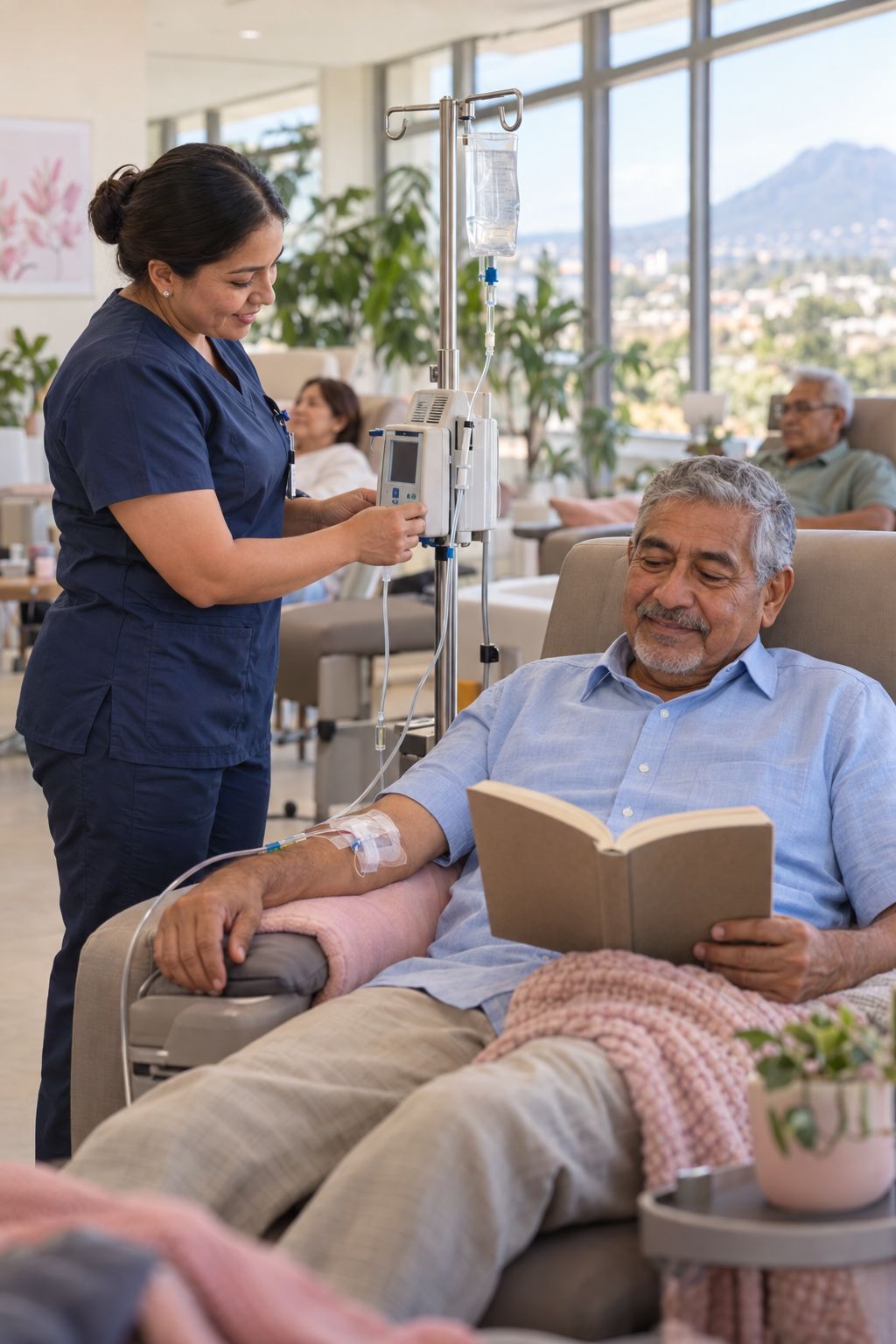 Enfermera atendiendo a un paciente en la sala de quimioterapia